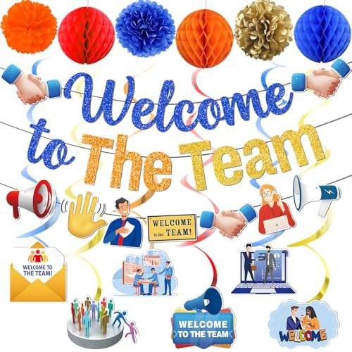 Welcome To The Team Banner, Welcome Banner Garland Hanging Swirls Paper Flowers Honeycomb Balls, Welcome Decorations for Employee Office Coworker Teacher Colleague Staff by Unknown
