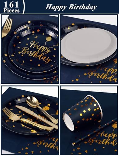 Nkaiso 161 Pcs Navy Blue Gold Birthday Plates and Napkins Set -20 Serves - Image 2