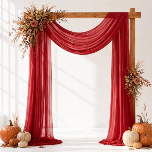 Red Wedding Arch Draping Fabric Sheer Curtain Drapes | 31" x 20 ft Extra Long Shimmery Backdrop Curtains for Wedding Anniversary Party Fall Thanksgiving Outdoor Events Drapery Backgrounds by Aeviusmo