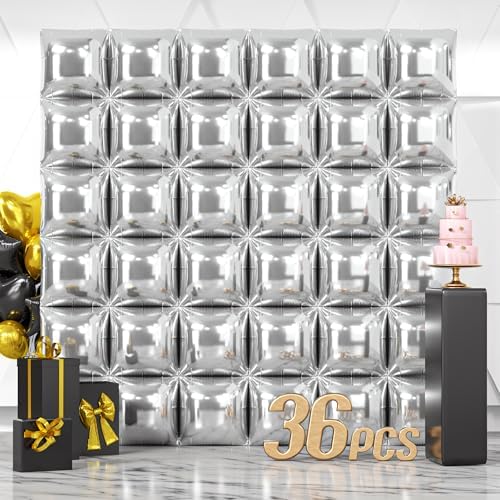 NISOCY 36PCS Metallic Silver Square Foil Balloons Wall Backdrop by NISOCY