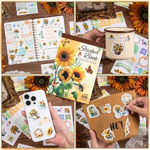 Aesthetic Sunflower Planner Sticker Book 25 Sheets with 600+ Decorative Stickers for Journaling, Scrapbooking, Bullet Journal, Happy Planner, DIY Stationery Supplies Gifts for Women Girls Teens Kids - Image 3