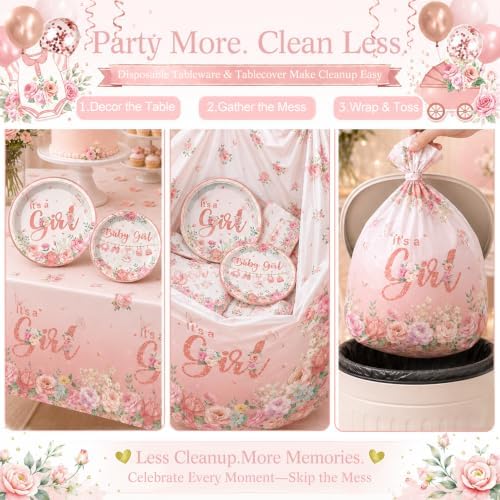 213Pcs Floral Girl Baby Shower Decorations Tableware Set, 25 Serves - Image 4