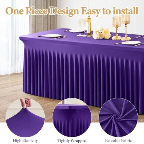 2 Packs Purple Spandex Table Covers 4 Foot, Fitted Stretch Table Cloth with Skirts 48x24 Inch, Wrinkle-Free Floor Length Rectangle Tablecloths for Trade Show Weddings Parties Banquets Events - Image 2