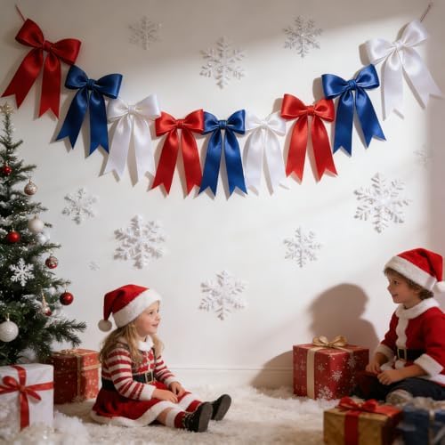 1 String Christmas Tree Bows, Red Blue White Bow Christmas Garland Banner - Image 7