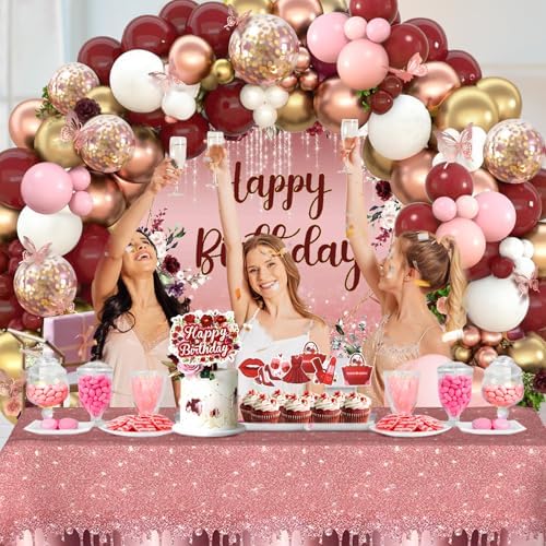 167Pcs Happy Birthday Decorations for Women with Butterfly Sticker Cupcake Toppers, Burgundy Balloon Arch Kit Maroon Rose Gold Balloons Backdrop Tablecloth Floral Burgundy Birthday Party Supplies - Image 7