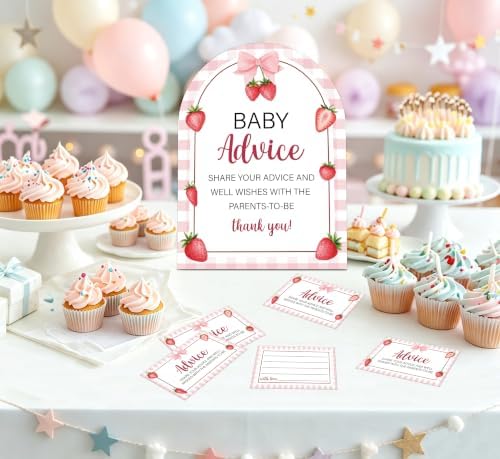 Sweet Berry Baby Shower Games, Strawberry Advice For Parents To Be, 6x8 Inch Arch Wooden Sign With Stand And 50 Advice Cards, Gender Reveal Party Supplies & Decorations -LN011 - Image 4