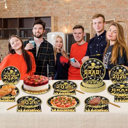 100 Pcs Graduation Plates and Napkins, 2026 Black Gold Graduation Disposable Plates and Napkins Party Supplies Set Serves 25, Black Gold Disposable Dinnerware Set for 2026 Decorations Grad Party - Image 6