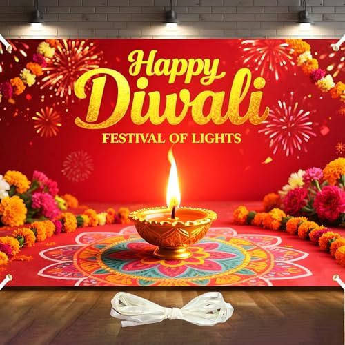 Diwali Backdrop Decorations 7x5ft Happy Diwali Banner Deepavali Festival of Lights Diyas for Home Party Supplies Photography Background Indoor Outdoor with19.68ft Ribbon by DuoduoBuy