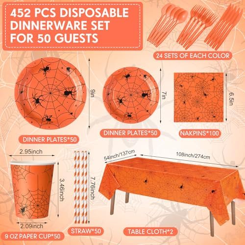 Funnymoom 452 Pcs Halloween Spiderweb Supplies Tableware for 50 Guests, Orange Spider Web Paper Plates Napkins Cups Tablecloth Cutlery Straws for Spiderweb Halloween Birthday Party Decoration - Image 2