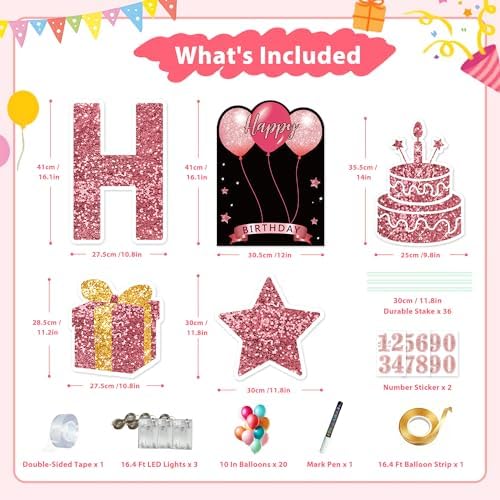 18 Pcs Happy Birthday Yard Sign with Stakes, Pink Happy Birthday Yard Sign with 49.2 Ft LED Light, 16 In Large Personalized Happy Birthday Sign, Waterproof Lawn Garden Birthday Party Decorations - Image 2