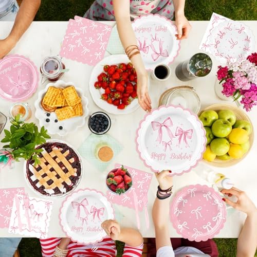 Pink Bow Birthday Decorations Include Plates, Napkins, Cups, Cutlery, Banner, Hanging Swirls, Cake & Cupcake Toppers, Balloons, Tablecloths for Coquette Birthday Decorations, Serves 20 - Image 5