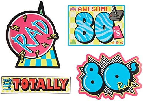 Beistle Awesome 80's Cutouts 4-Count – Double-Sided Retro Party Decorations with Neon Graphics and Classic Phrases for Throwback Birthdays and Events, 13"–15½" by Beistle
