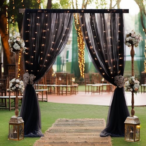 10ft x 8ft Black Backdrop Curtain with Lights String for Parties, Sheer Tulle Wedding Photo Backdrops Drapes for Baby Shower Birthday Party Decorations Background for Photography - Image 6