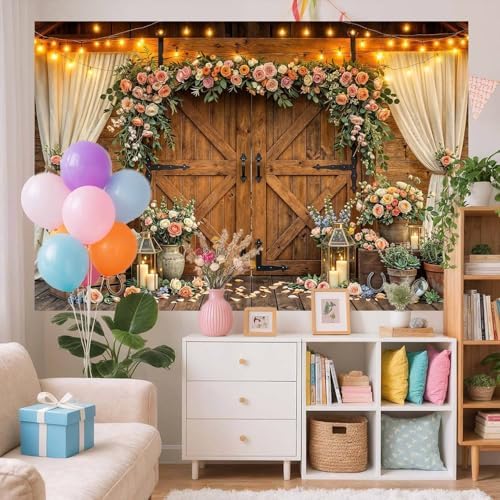 6x6ft Western Wedding Backdrop Rustic Barn Door Photography Backdrop Farmhouse Pink Flower Cabin Wooden Birthday Baby Shower Country Anniversary Bridal Party Banner Photo Booth Props Background - Image 3
