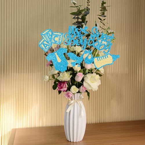 Gyufise 12Pcs Baby Shower Centerpiece Sticks Glitter Tie Onesie Love Heart Oh Baby Gender Reveal It's a Boy Table Centerpiece Sticks for Baby Shower Gender Reveal Kids Birthday Party Supplies Blue - Image 7