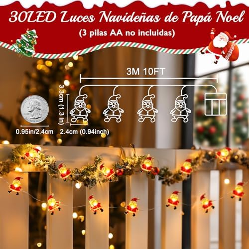 Coquimbo Christmas Decorations Indoor Lights, 10FT 30 LED Christmas Santa Claus Fairy String Lights Battery Operated for Xmas Tree Party Festive Holiday Cute Room Decor - Image 3