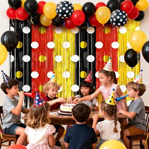 2 Packs Red Black Yellow Foil Fringe Curtain, Mouse Polka Dots Glitter Metallic Tinsel Backdrop for Birthday Baby Shower Cartoon Mouse Party Decorations Supplies - Image 7