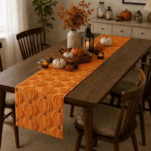 Fall Table Runner 13x72 Inch Soft Plush Faux Fur Jacquard Orange Pumpkin Table Runner, Seasonal Autumn Kitchen Dining Table Decoration for Home Party Decor ZR010C72 - Image 4