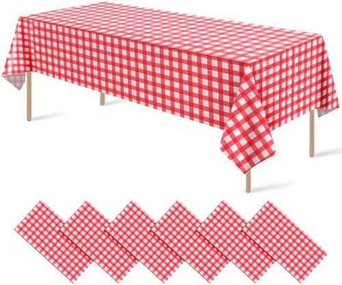 6 Pack Red and White Plastic Checkered Tablecloth, Premium Decorative Disposable Red Gingham Plaid Table Cloths for Parties, Rectangle Party Table Cover for Picnic Farm Birthday Wedding, 54x108 Inch by RAGNHILD