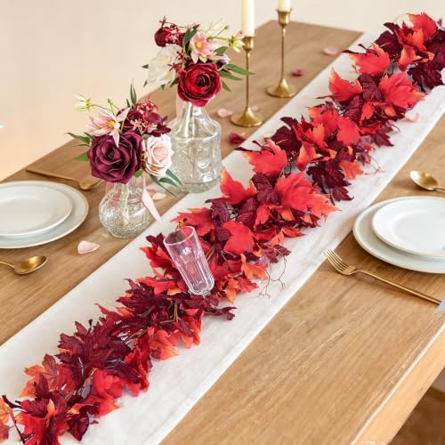 DearHouse 2 Pack Fall Garland Maple Leaf, 5.9Ft/Piece Hanging Vine Garland Artificial Autumn Foliage Garland Thanksgiving Decor for Home Wedding Fireplace Party Christmas (Dark Red) - Image 3