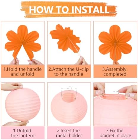 19 Pcs Pink Orange Party Decorations, Hanging Paper Lanterns, Paper Flowers Fans, Tissue Pom Poms, Floral Backdrop Wall Decor for Groovy Birthday Sunset Fall Bridal Shower Wedding Classroom - Image 3