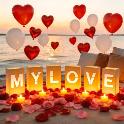 MY LOVE Light Up Letters, with Tea Lights Candles, Rose Petals, Pearlescent Foil Balloons - Luminary Paper Bags, Anniversary Decorations and Valentines' Day Decorations for Your Loved One - Image 6