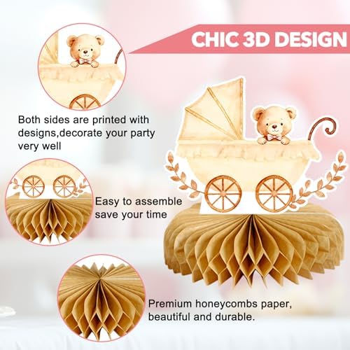 8Pcs Bear Baby Shower Decorations Honeycomb Centerpieces for Girl, Confetti Baby Shower Table Decorations Birthday Party Table Centerpieces Toppers Party Decor (Pink) - Image 3