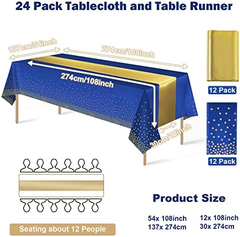 24Pack Disposable Plastic Tablecloths and Satin Table Runner Set Blue and Gold Dot Tablecloth Gold Satin Table Runner for Wedding Birthday Baby Shower Anniversary Christmas New Year Party Decorations - Image 2