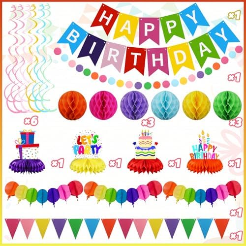 Birthday Decorations Kit, Happy Birthday Banner with Table Centerpieces, Colorful Paper Flag Garland, Hanging Swirl Streamers & Honeycomb Balls for All Birthday Party Decorations - Image 3