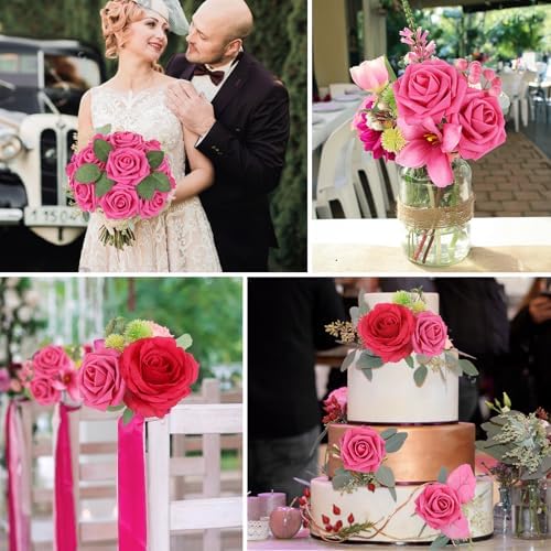 AmyHomie Hot Pink Rose 25pcs Real Looking Artificial Flowers w/Stem - Image 4