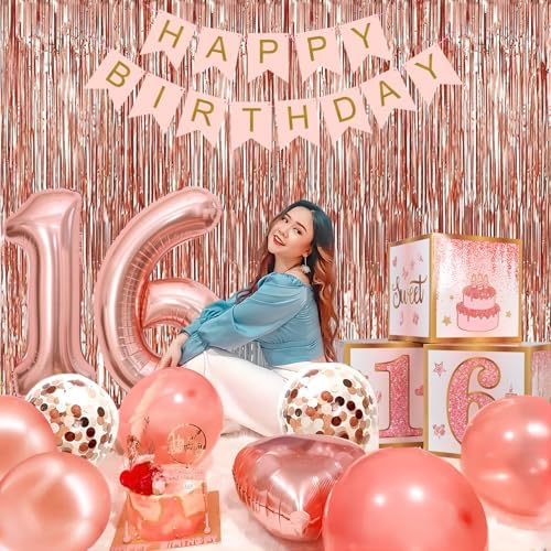 Sweet 16 Party Decorations,16th Birthday Boxes Decor for Girls Women Sweet Sixteen Happy Birthday Banner Kits Pink Rose Gold Foil Balloons Party Supplies Rose Gold Tassel Curtain - Image 6