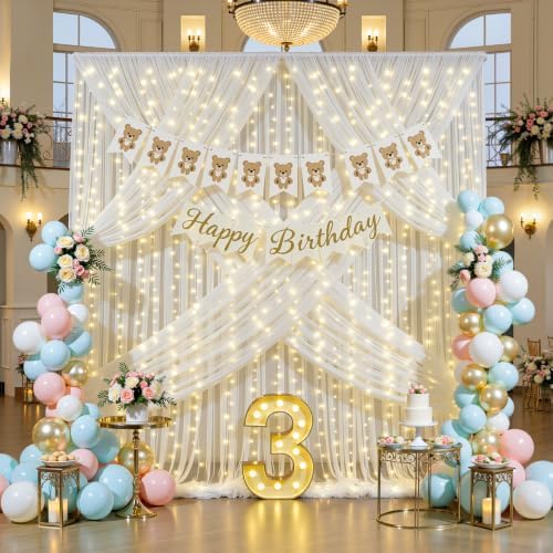20ft x 10ft Ivory Tulle Photo Backdrop Curtain with Lights String for Parties Wedding Sheer Ivory Curtain Backdrop for Birthday Party Bridal Shower Photo Booth Photography Background Decorations - Image 3