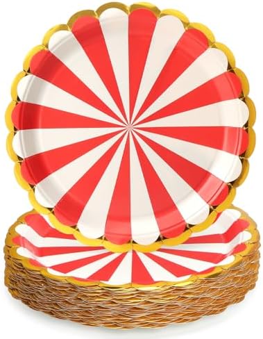 50 Pcs Red Party Paper Plates with Gold Scalloped Edge, Red Disposable 9 inch Scalloped Paper Dessert Plates Party Supplies for Birthday Bridal Shower Picnic, Striped by WelcometoUVTQSSP