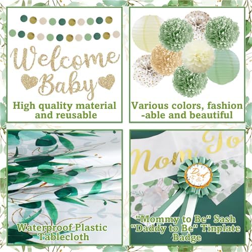Sage Green Baby Shower Decorations Gender Neutral Baby Shower Decorations Welcome Baby Banner Sage Green Balloons Paper Lanterns Pom Poms Flowers Tablecloth Tassels Mom to Be Sash Dad to Be Pin - Image 3