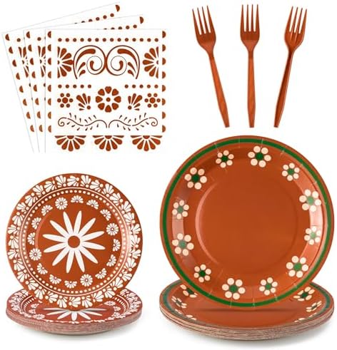 96Pcs Platos De Barro Mexicanos Cielito Lindo Terracotta Clay Party Plates Supplies Tableware Decorations Disposable Paper Plates Napkins Forks for Birthday Wedding Baby Shower, Serves 24 by G1ngtar