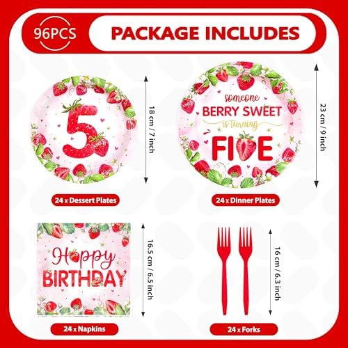 Greencian 96Pcs Strawberry 5th Birthday Party Decorations Serves 24 - Image 5