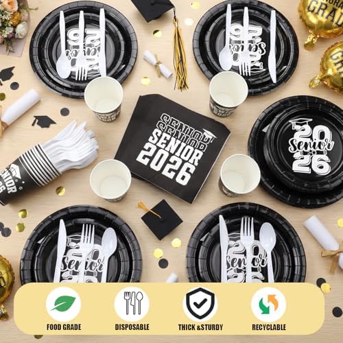 Yungyan 252 Pcs Senior 2026 Graduation Party Tableware Set Black and White Class of 2026 Grad Paper Plates Napkins Cups Forks Knives Cutlery for Graduate Party Decorations Supplies,Serve 36 - Image 3