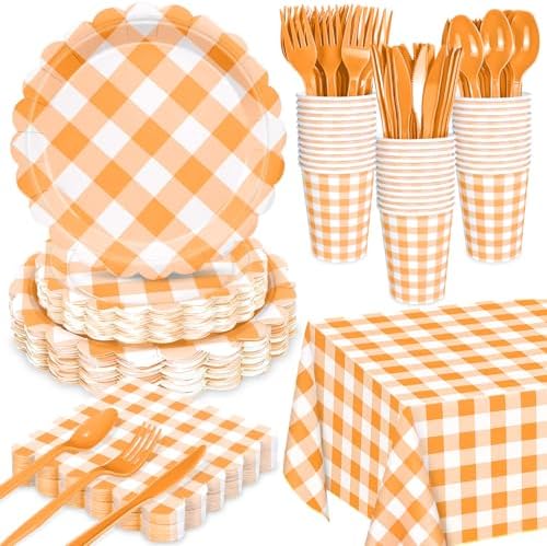 WNINK 175 PCS Orange Gingham Plates and Napkins, Orange Checkered Disposable Plates Set with Napkins Cups Plastic Spoons Forks Knives for Dinner Birthday Baby Shower Wedding Supplies Serve 25 Guests by WNINK