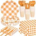 WNINK 175 PCS Orange Gingham Plates and Napkins, Orange Checkered Disposable Plates Set with Napkins Cups Plastic Spoons Forks Knives for Dinner Birthday Baby Shower Wedding Supplies Serve 25 Guests by WNINK