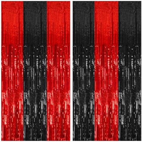 2 Pack Black and Red Backdrop Party Decorations Tinsel Curtain Halloween Party Streamer Foil Fringe Birthday Decorations Photo Booth Fancy Ball Christmas New Year Graduation Party Decor Decor by BOMSI