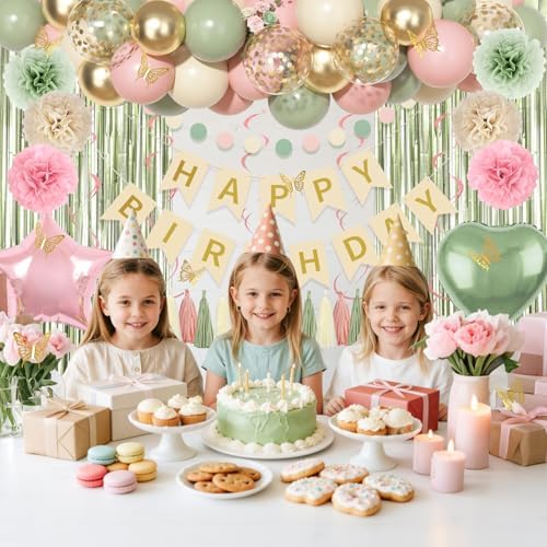 Pink and Green Birthday Decorations Women Girls Happy Birthday Supplies - Image 5