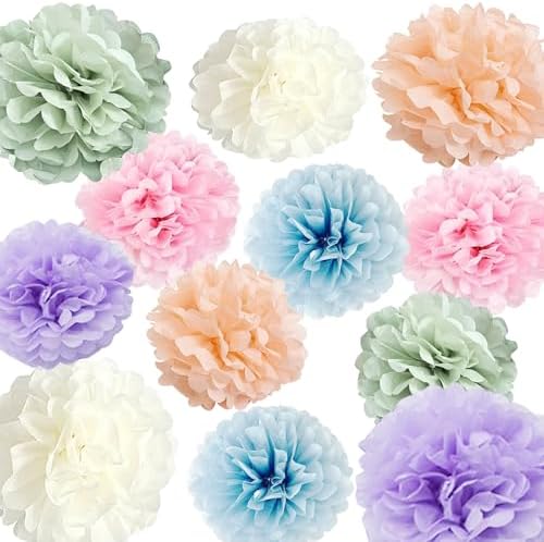 Pastel Rainbow Party Decorations in Colorful Tissue Paper Pom Poms Blush Pink Purple Peach Mint Light Blue Baby Bridal Shower Decorations (Macaron) by Bamonos