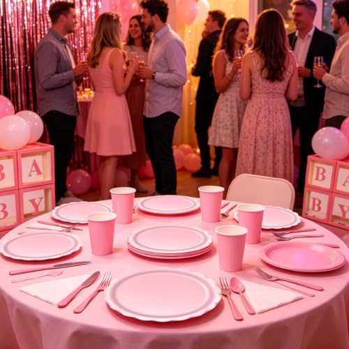 287PCS Pink Party Decorations Set, Complete 25 Guests Disposable Tableware Kit with Plates Cups Napkins Cutlery, Tablecloths, Foil Curtains, Balloon Boxes & Mixed Size Balloon Arch Kit - Image 4