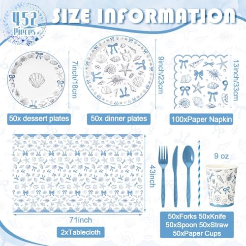 Vesici 452 Pcs Blue Bow Seashell Coastal Beach Party Supplies for 50 Guests - Image 3