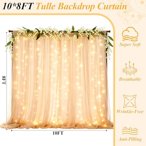 Ledido 10×8ft Champagne Tulle Backdrop Curtains with Lights(6 Panels 5×8ft) - Image 2