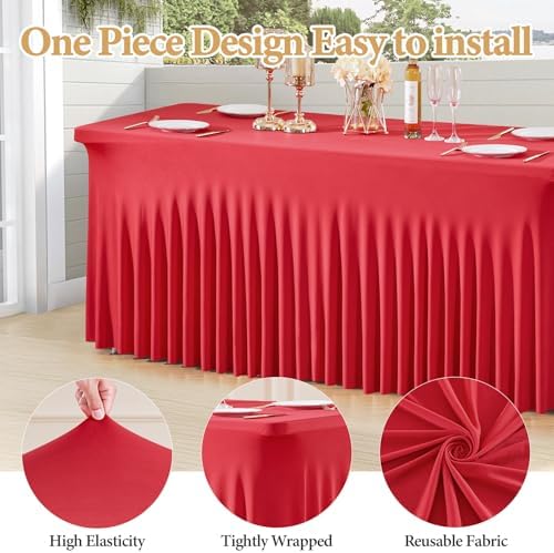Shillance 2 Packs Red Spandex Table Clothes for 4 Foot Rectangle Table, Spandex Table Covers 4FT Stretch Table Skirts Wrinkle Free Fitted Table Cloth for Valentines, Event, Wedding, Banquet & Parties - Image 2
