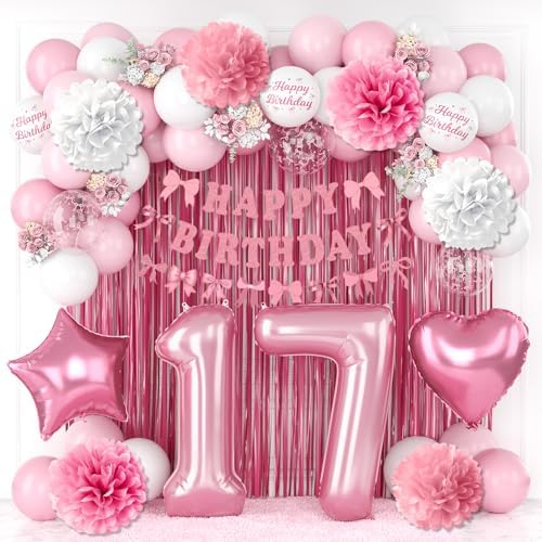 17th Birthday Decorations Girls Pink Number 17 Balloon Bow Coquette Party by KAINSY
