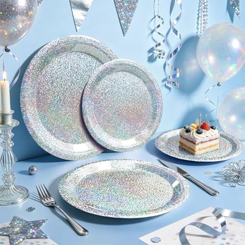 Silver Iridescent Party Plates and Napkins, 75 Pcs Party Decorations Set - Image 7