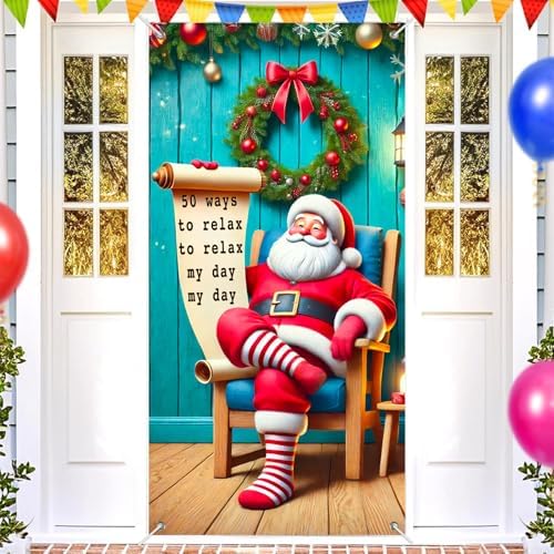 BlissYard Pine Greenery Santa Christmas Door Cover 35x71 Inch Polyester - Image 3