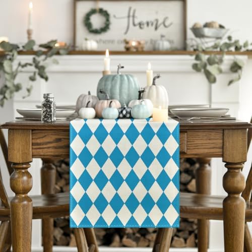 Artoid Mode Diamond Plaid Blue Bavarian Flag Oktoberfest Table Runner, for German Party Kitchen Dining Table Decoration for Home Party Decor 13x90 Inch - Image 2